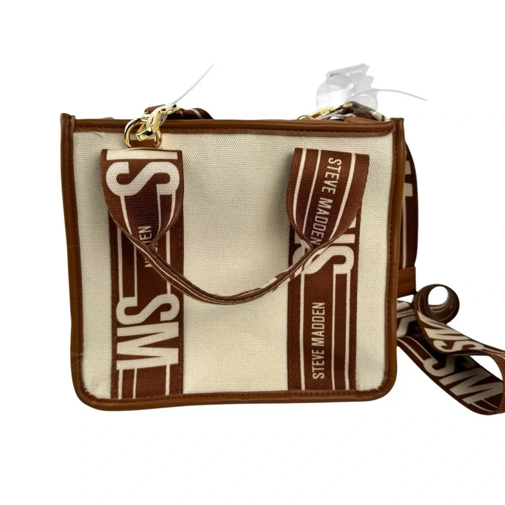 NWT Steve Madden BWebber Canvas Satchel Bag Cream Natural Crossbody Logo Strap